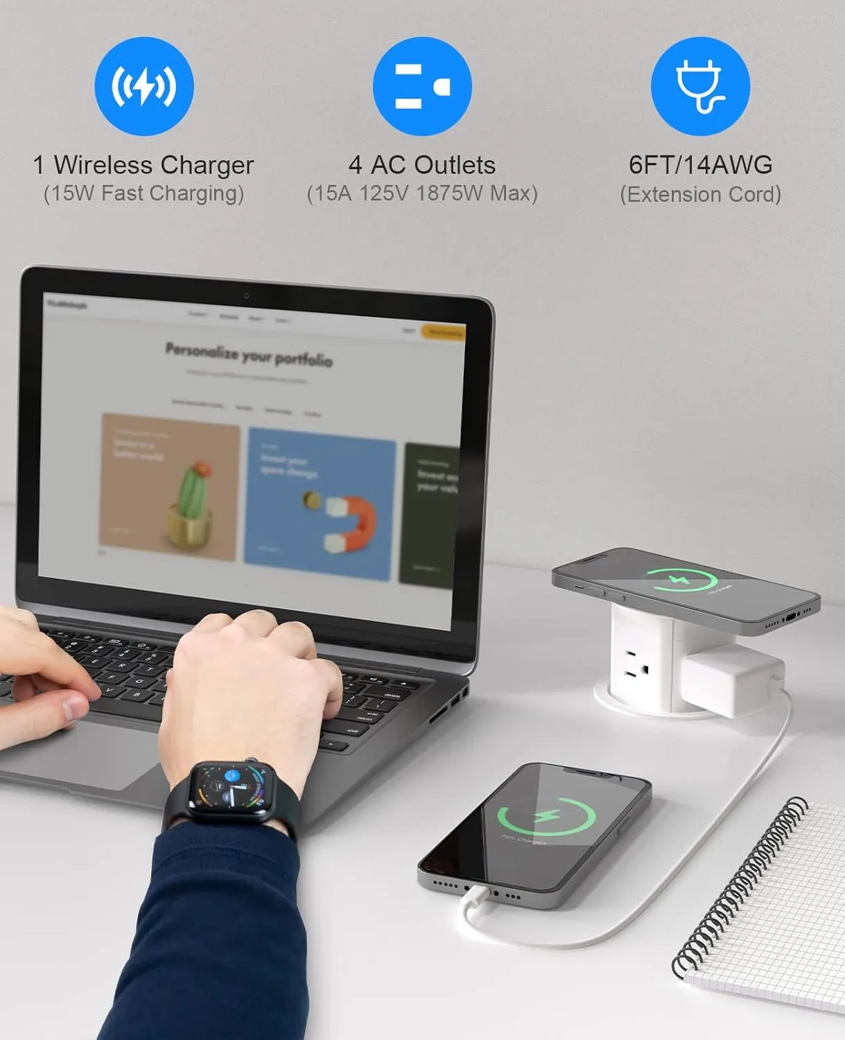 ANNQUAN 3 inch Pop Up Outlet with 15W Wireless Charger,15A Outlets,Pop Up Countertop Receptacle,Desk Hole Power Grommet for Kitchen Office,ETL Listed
