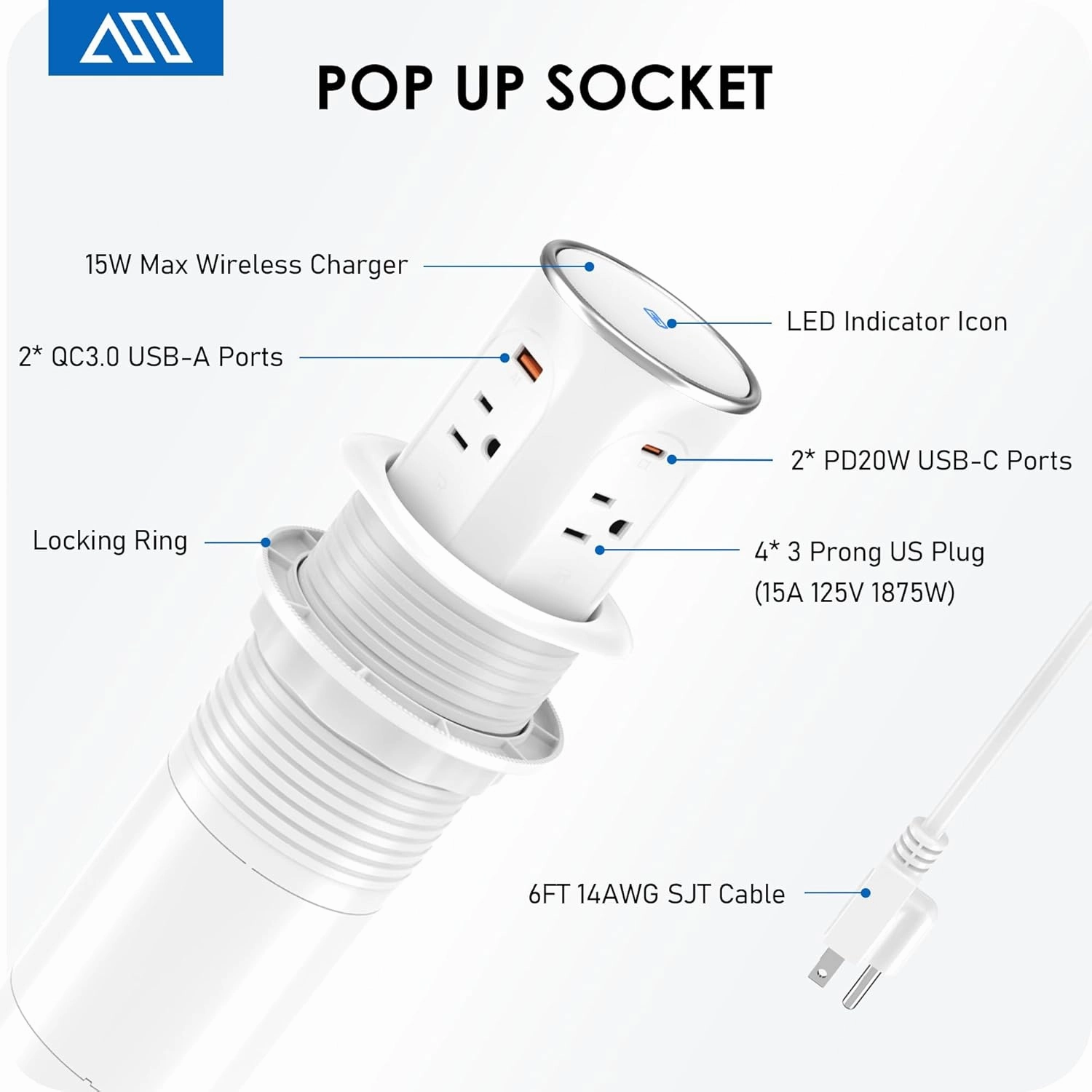 ANNQUAN Motorized Pop Up Countertop Receptacle with 15W Wireless Charger,Max 20W Power Delivery,3.15" Automatic Pop Up Electrical Outlet with 4 Outlets 4 USB Ports for Home Office Kitchen White
