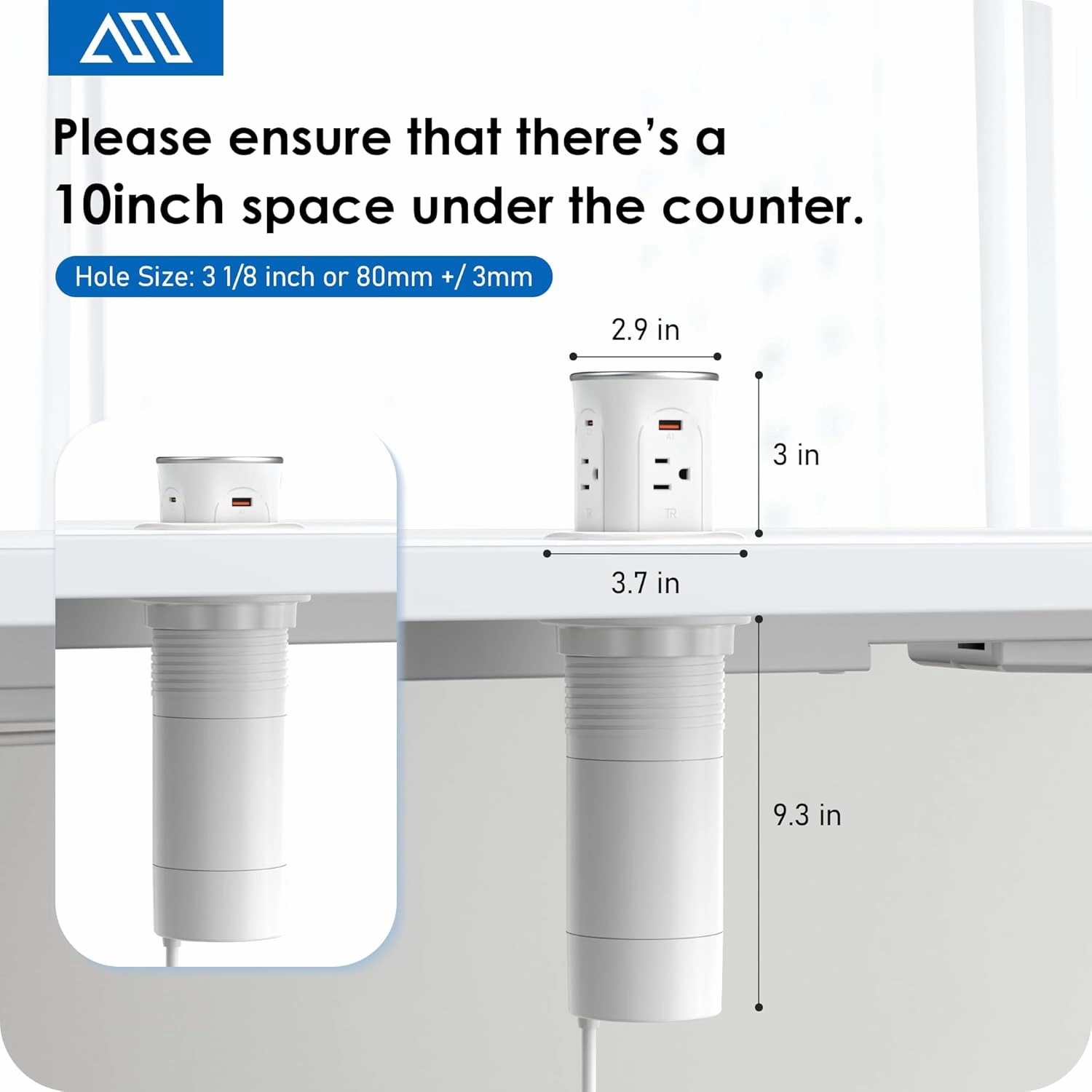 ANNQUAN Motorized Pop Up Countertop Receptacle with 15W Wireless Charger,Max 20W Power Delivery,3.15" Automatic Pop Up Electrical Outlet with 4 Outlets 4 USB Ports for Home Office Kitchen White