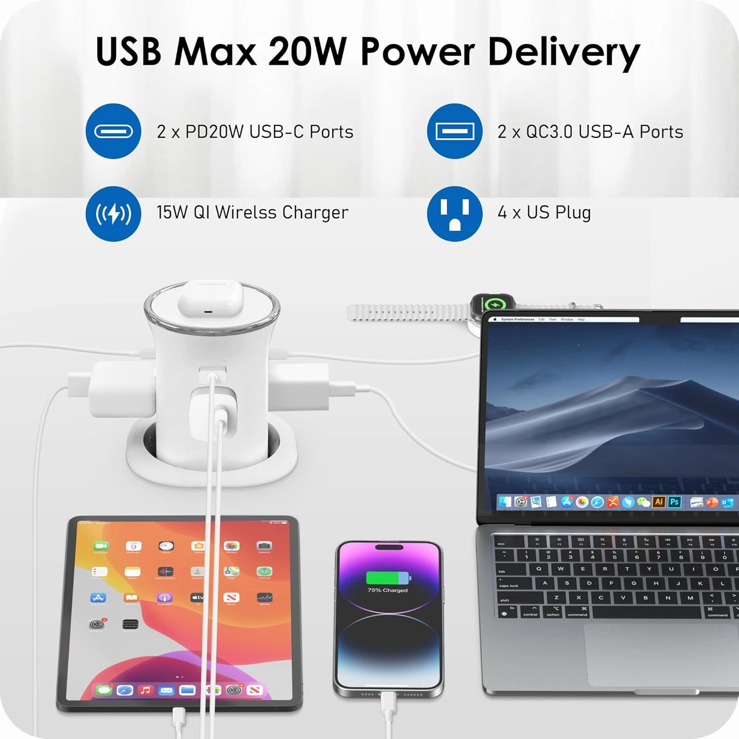 ANNQUAN Motorized Pop Up Countertop Receptacle with 15W Wireless Charger,Max 20W Power Delivery,3.15" Automatic Pop Up Electrical Outlet with 4 Outlets 4 USB Ports for Home Office Kitchen White