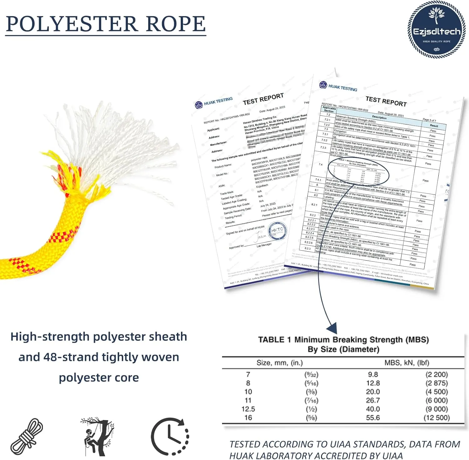 Arborist Rigging Rope Bull Rope (1/2 in x 150ft) Polyester Braided Arborist Rope 48 Strands for Various Outdoor Applications Construction Climbing Swing Sailing