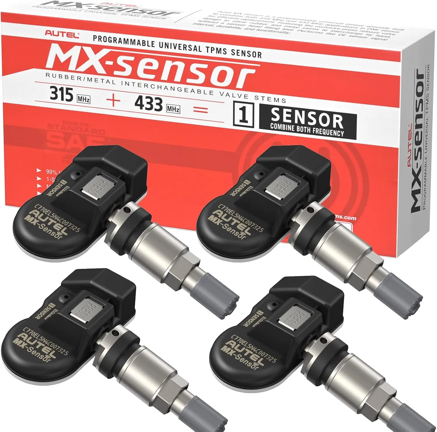 Autel TPMS Sensor Set of 4, MX-Sensor 2in 1 Dual Frequency 315MHz   433MHz Press-in OE-Level Universal TPMS Sensors Programmable by Autel TPMS Tool Compatible with TS408S TS508WF TS601 (Metal Valves)