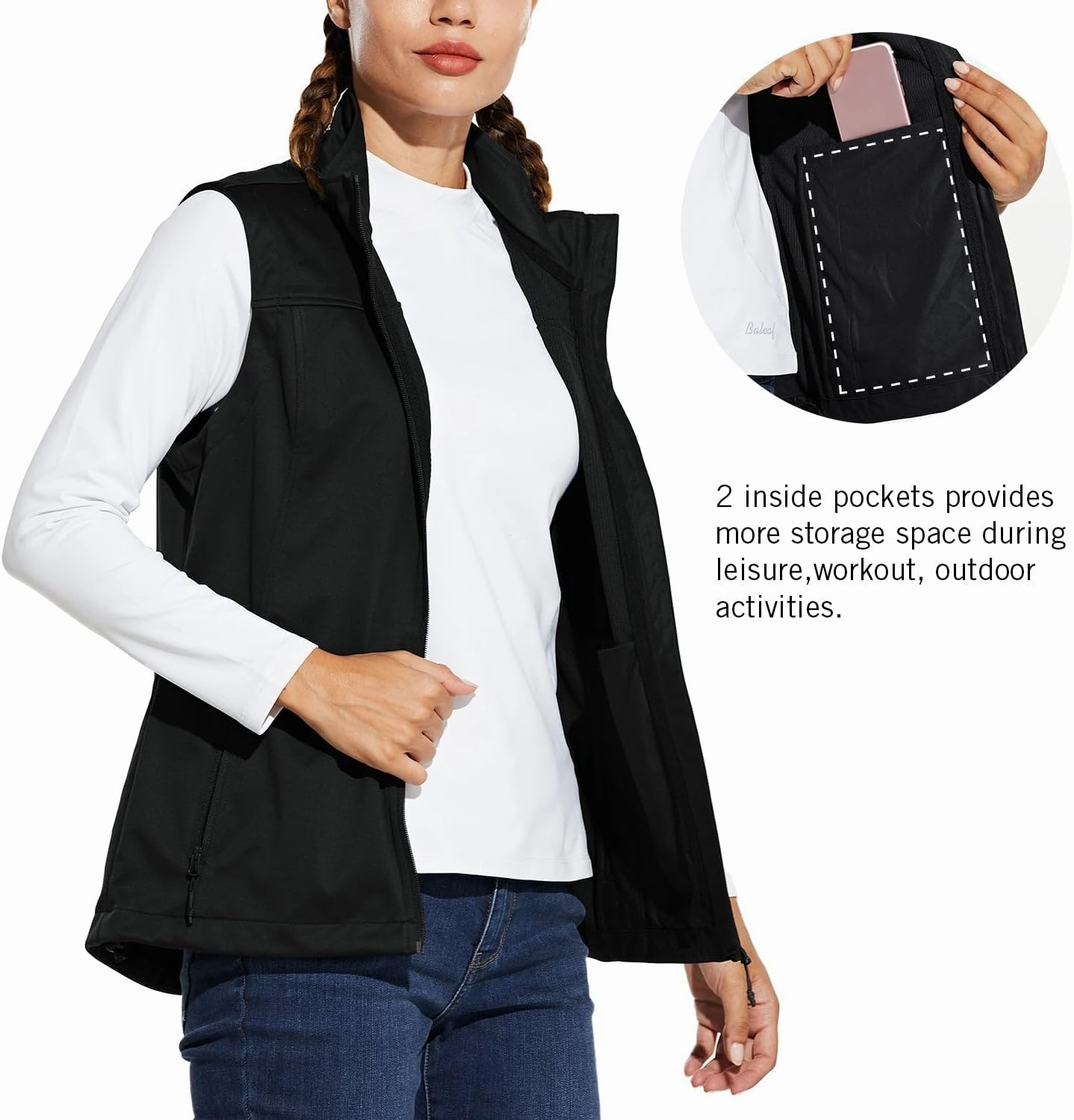 baleaf Women's Lightweight Vest Softshell Sleeveless Jacket Windproof Stand Collar with Zipper Pockets Running Hiking Golf
