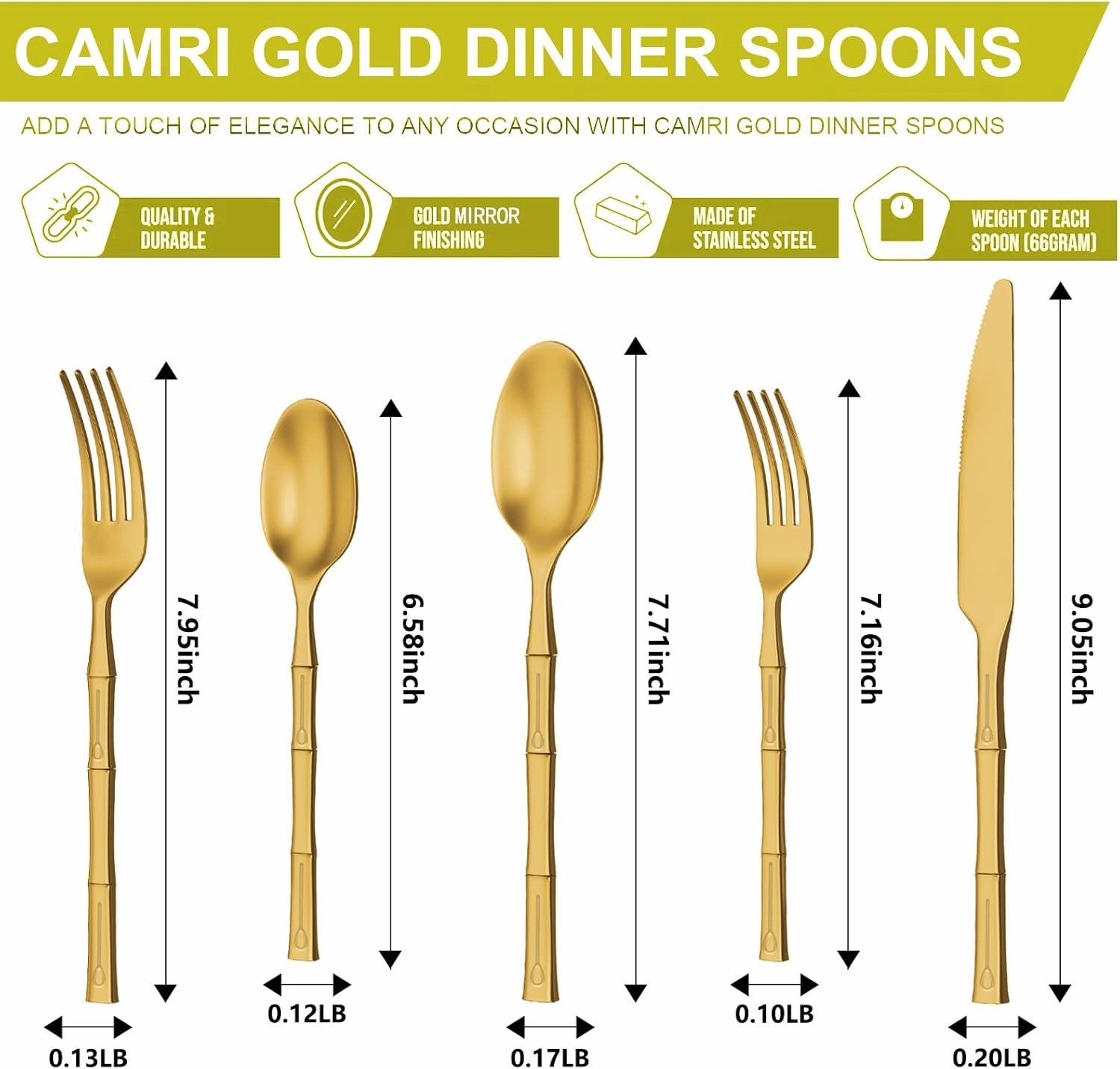 Bamboo Gold 20-Piece Silverware Set, Stainless Steel Flatware Set, Cutlery Set Mirror Polished, Dishwasher Safe, Service for 4