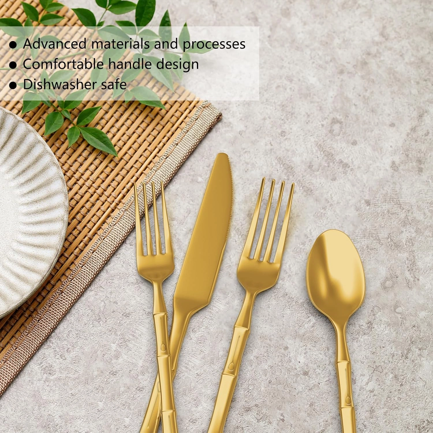 Bamboo Gold 20-Piece Silverware Set, Stainless Steel Flatware Set, Cutlery Set Mirror Polished, Dishwasher Safe, Service for 4