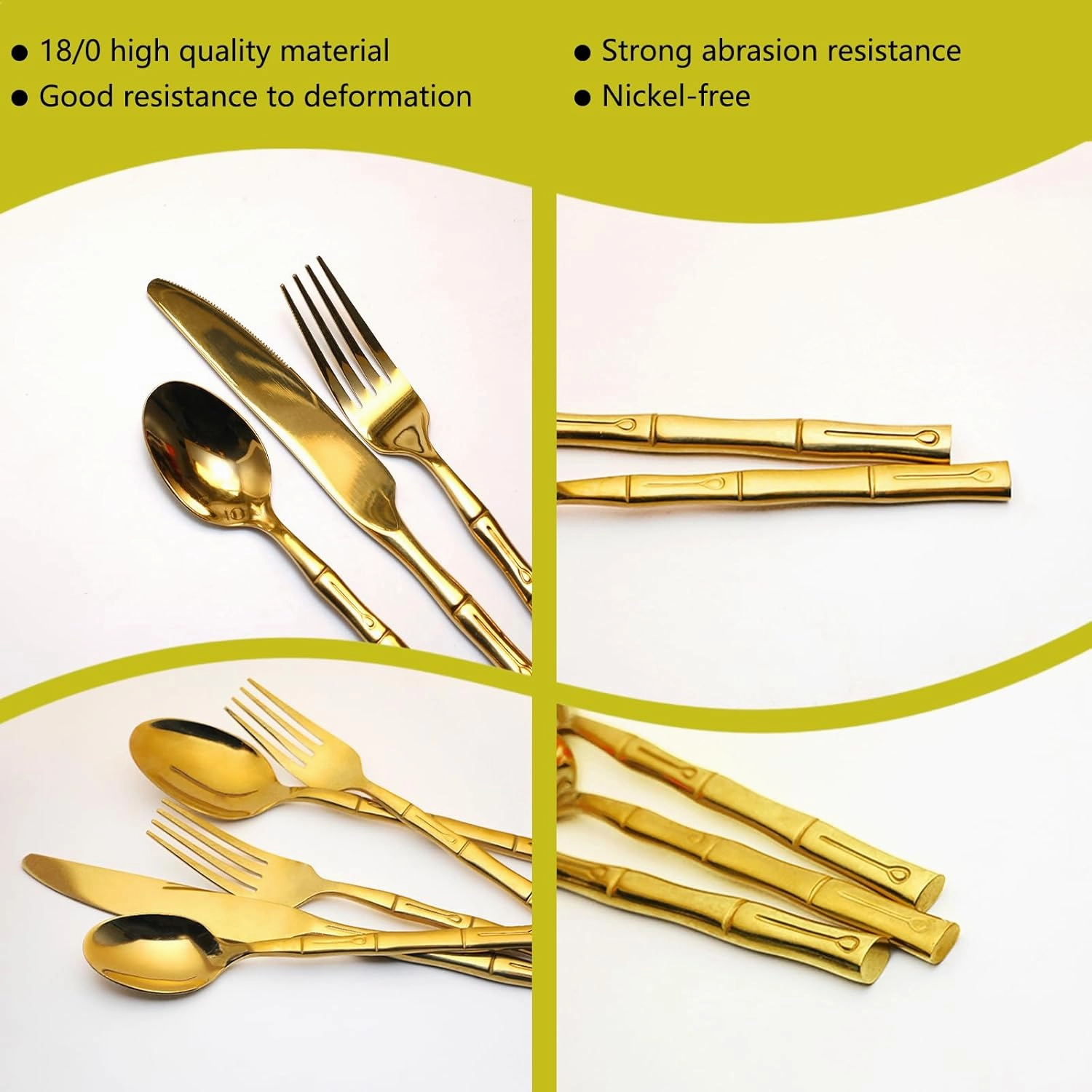 Bamboo Gold 20-Piece Silverware Set, Stainless Steel Flatware Set, Cutlery Set Mirror Polished, Dishwasher Safe, Service for 4