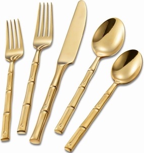 Bamboo Gold 20-Piece Silverware Set, Stainless Steel Flatware Set, Cutlery Set Mirror Polished, Dishwasher Safe, Service for 4