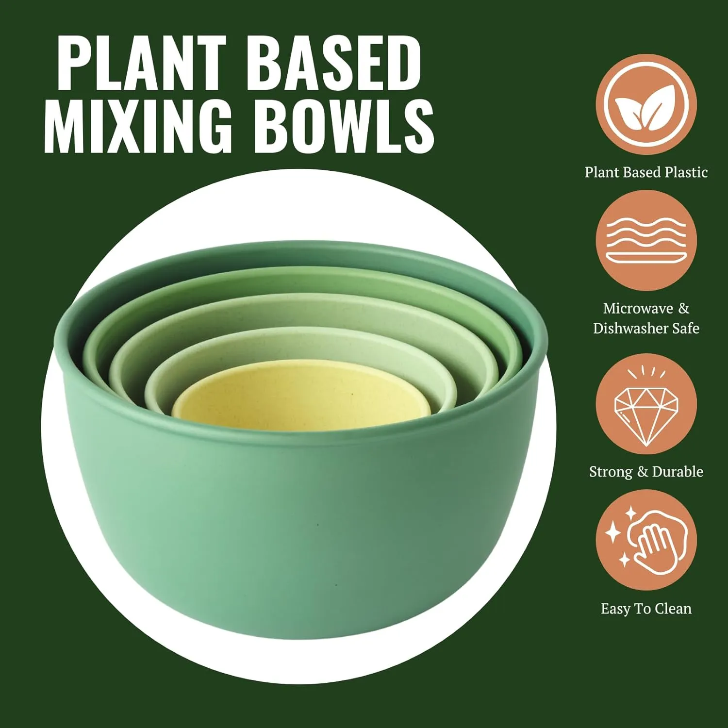Bamboozle Mixing Bowls | 5 Piece Plant-Based Nesting Bowl Set | Matte Finish | Multi-Color | Dishwasher and Microwave Safe | Fresh Guacamole