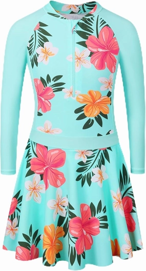 BAOHULU Girls One Piece Swimsuit Long Sleeve Bathing Suit with Skirt UPF 50  Kids Rash Guard Beach Swimwear 3-11 Years