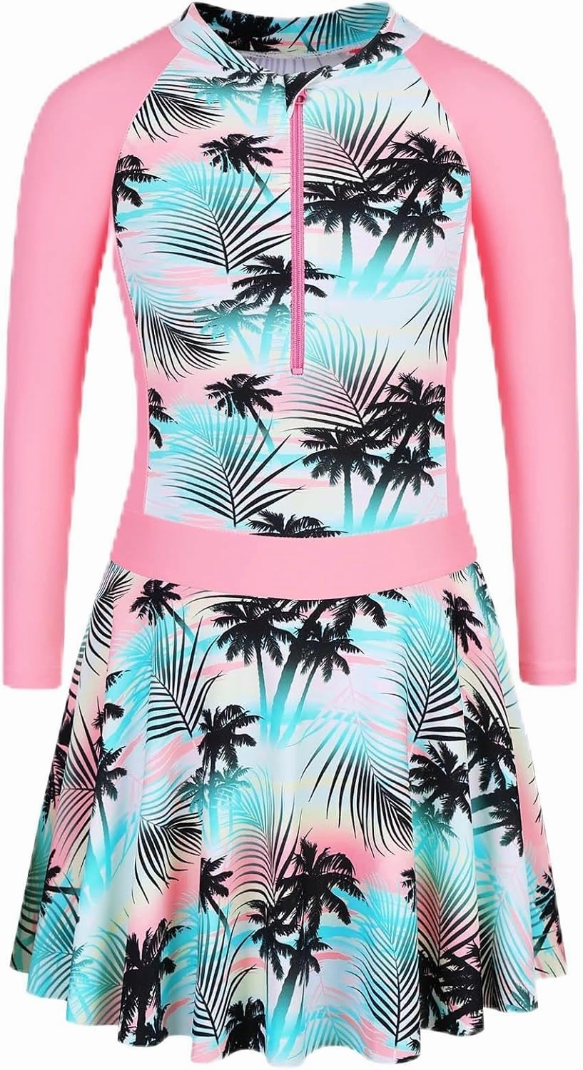 BAOHULU Girls One Piece Swimsuit Long Sleeve Bathing Suit with Skirt UPF 50  Kids Rash Guard Beach Swimwear 3-11 Years