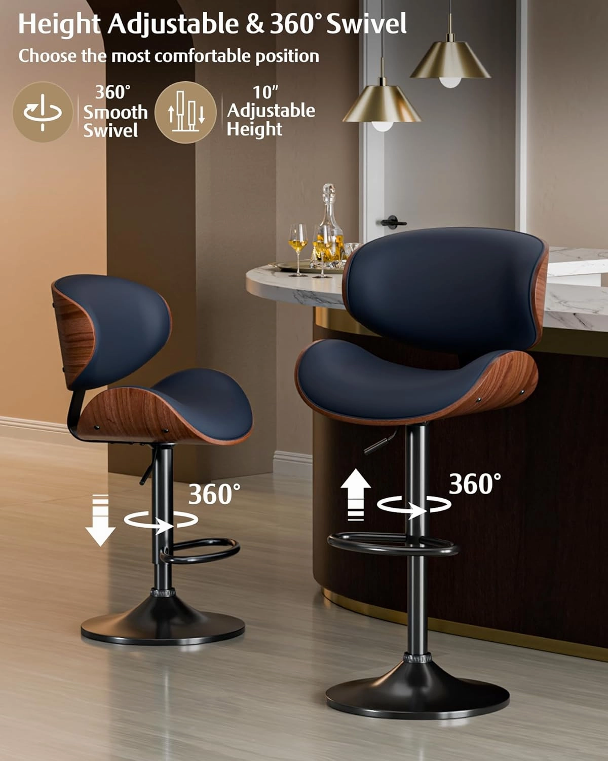 Bar Stools Set of 2, Adjustable Swivel Leather Bar Stools for Kitchen Island, Mid Century Modern Counter Height Bar Chairs Barstools with Back & Footrest (Blue)