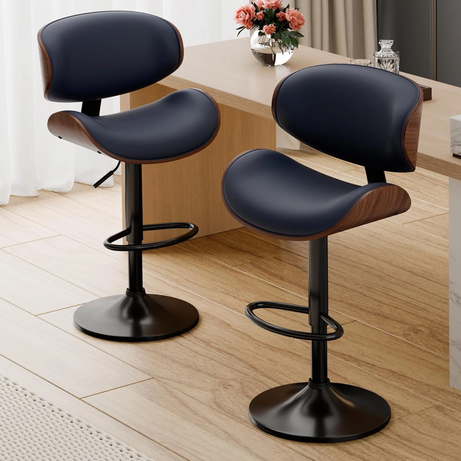 Bar Stools Set of 2, Adjustable Swivel Leather Bar Stools for Kitchen Island, Mid Century Modern Counter Height Bar Chairs Barstools with Back & Footrest (Blue)