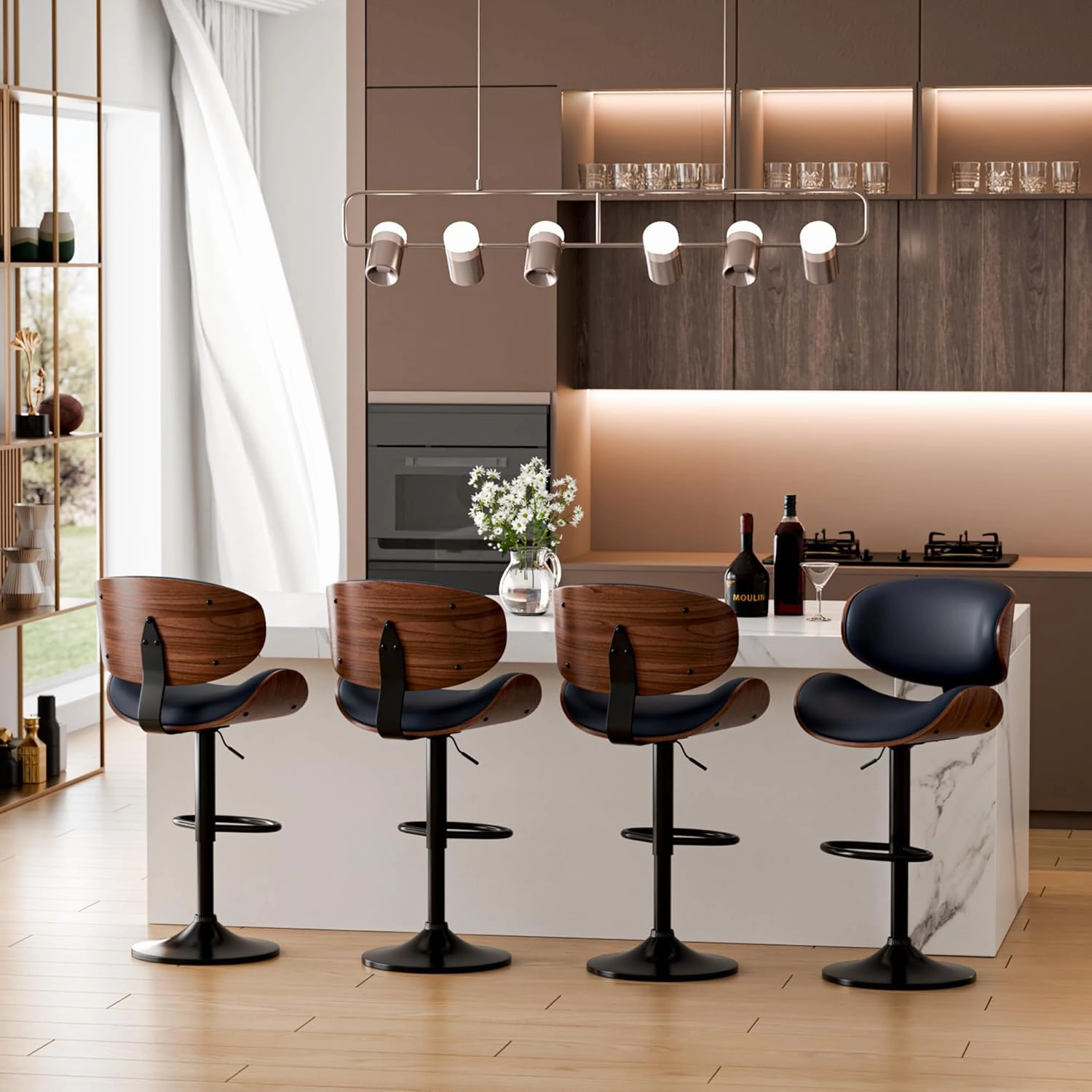 Bar Stools Set of 2, Adjustable Swivel Leather Bar Stools for Kitchen Island, Mid Century Modern Counter Height Bar Chairs Barstools with Back & Footrest (Blue)