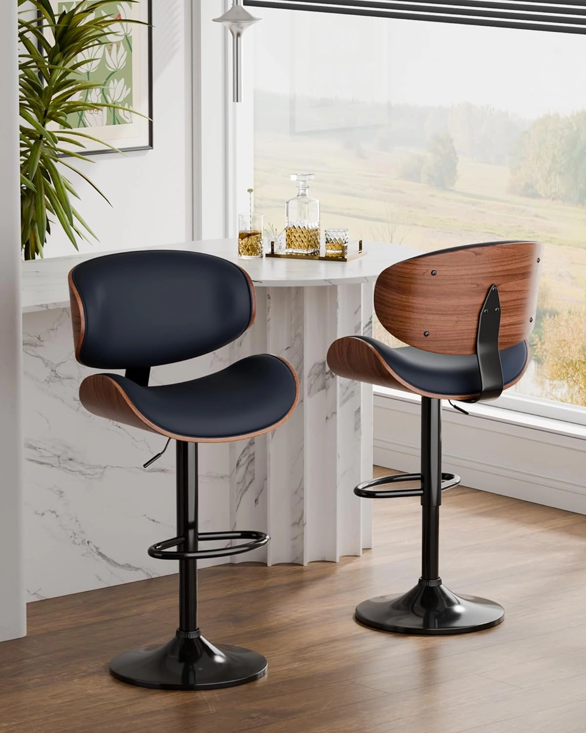 Bar Stools Set of 2, Adjustable Swivel Leather Bar Stools for Kitchen Island, Mid Century Modern Counter Height Bar Chairs Barstools with Back & Footrest (Blue)