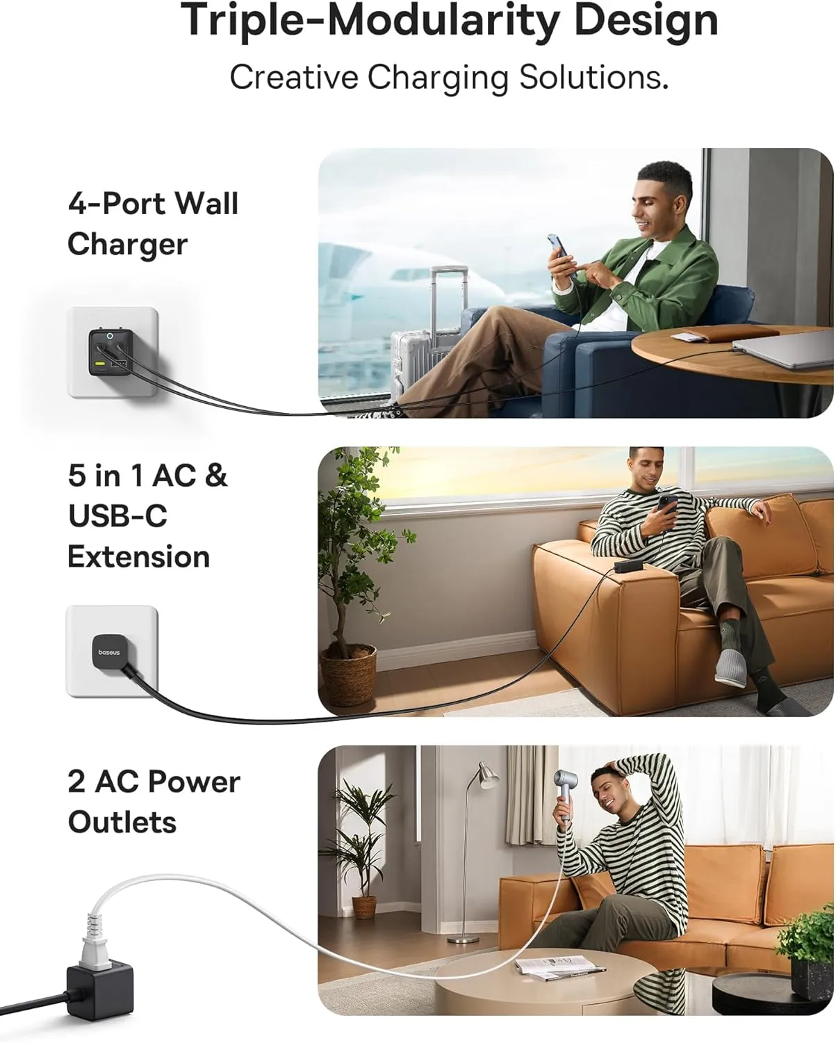 Baseus Charging Station 67W, 5 in 1 Detachable Travel Power Strip USB C Fast Charger, 5ft Flat Extension Cord with 2 AC Outlets, Portable Charger for MacBook Pro, iPhone, Cruise Travel Essentials