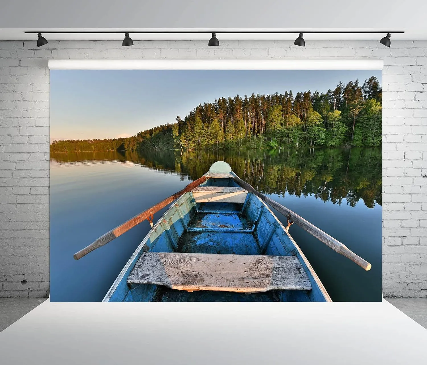 BELECO 7x5ft Fabric Old Wooden Fishing Boat Backdrop Summer Forest Lake Water Fishing Background for Photography Fishing Theme Party Decorations Studio Booth Photo Props