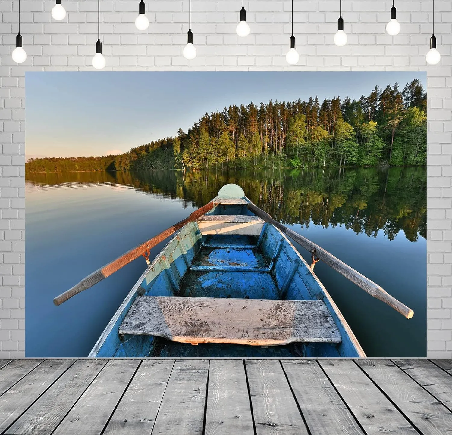 BELECO 7x5ft Fabric Old Wooden Fishing Boat Backdrop Summer Forest Lake Water Fishing Background for Photography Fishing Theme Party Decorations Studio Booth Photo Props