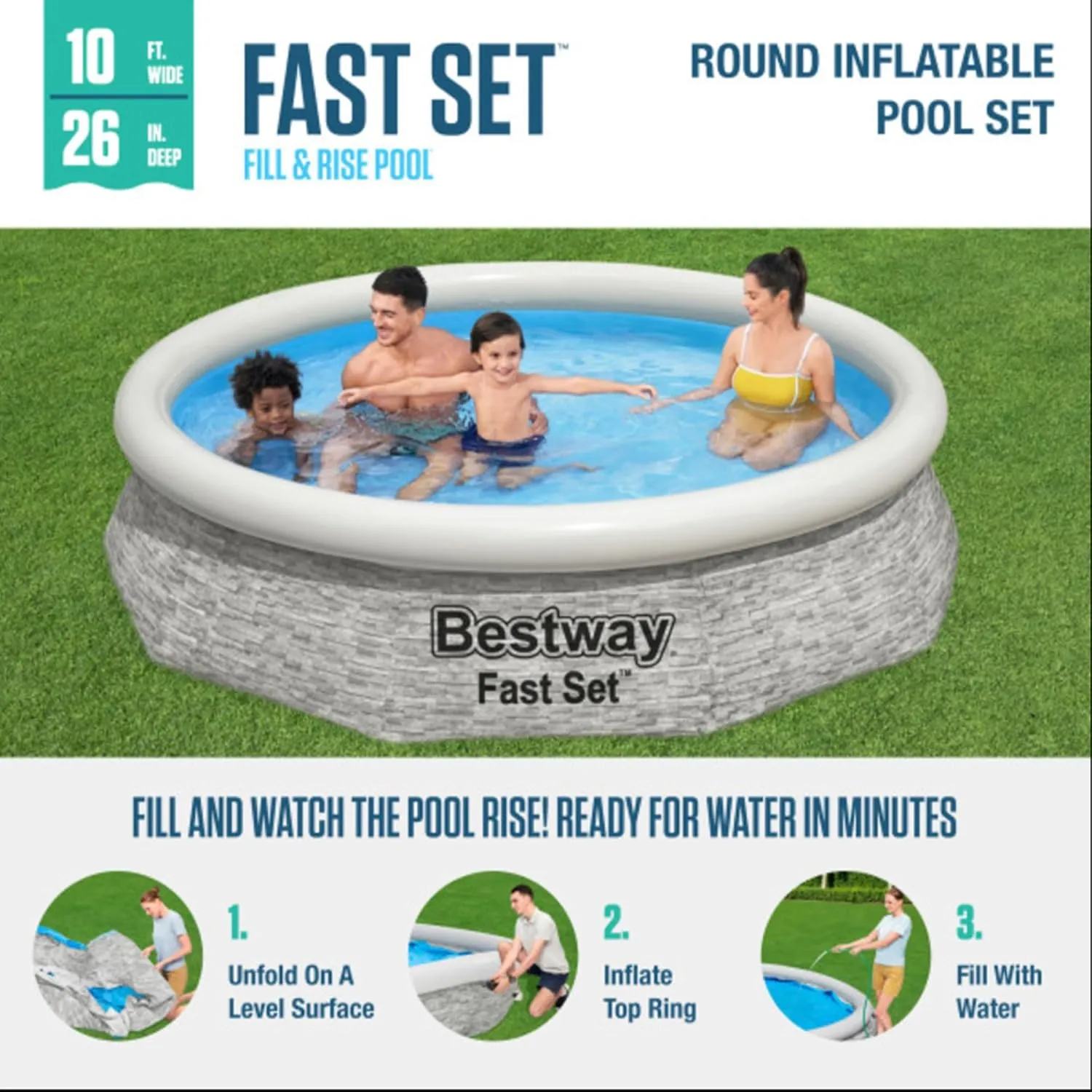 Bestway Fast Set 10' x 26" Inflatable Stacked Stone Design Outdoor Above Ground Backyard Swimming Pool Set with Filter Pump, Gray