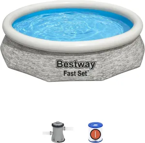 Bestway Fast Set 10' x 26" Inflatable Stacked Stone Design Outdoor Above Ground Backyard Swimming Pool Set with Filter Pump, Gray