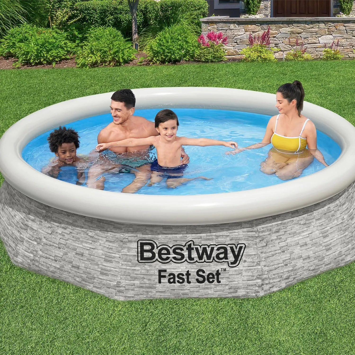 Bestway Fast Set 10' x 26" Inflatable Stacked Stone Design Outdoor Above Ground Backyard Swimming Pool Set with Filter Pump, Gray