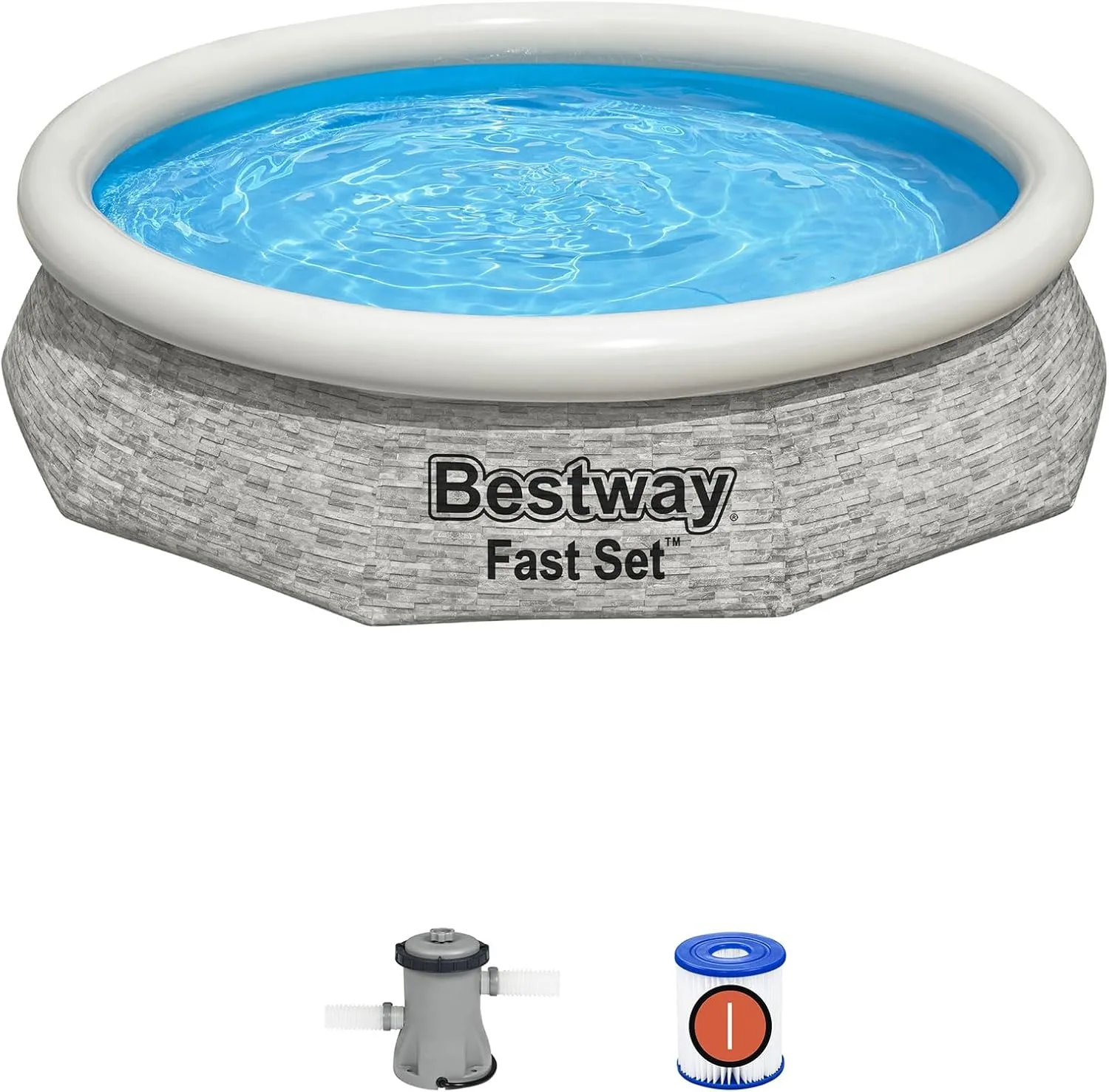 Bestway Fast Set 10' x 26" Inflatable Stacked Stone Design Outdoor Above Ground Backyard Swimming Pool Set with Filter Pump, Gray