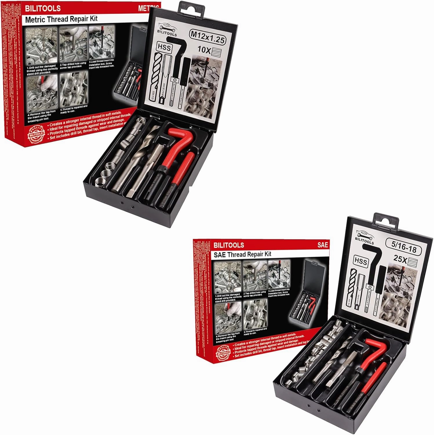BILITOOLS M12x1.25 and 5/16-18 inch Thread Repair Kit, HSS Drill Helicoil Repair Kit Metric and SAE