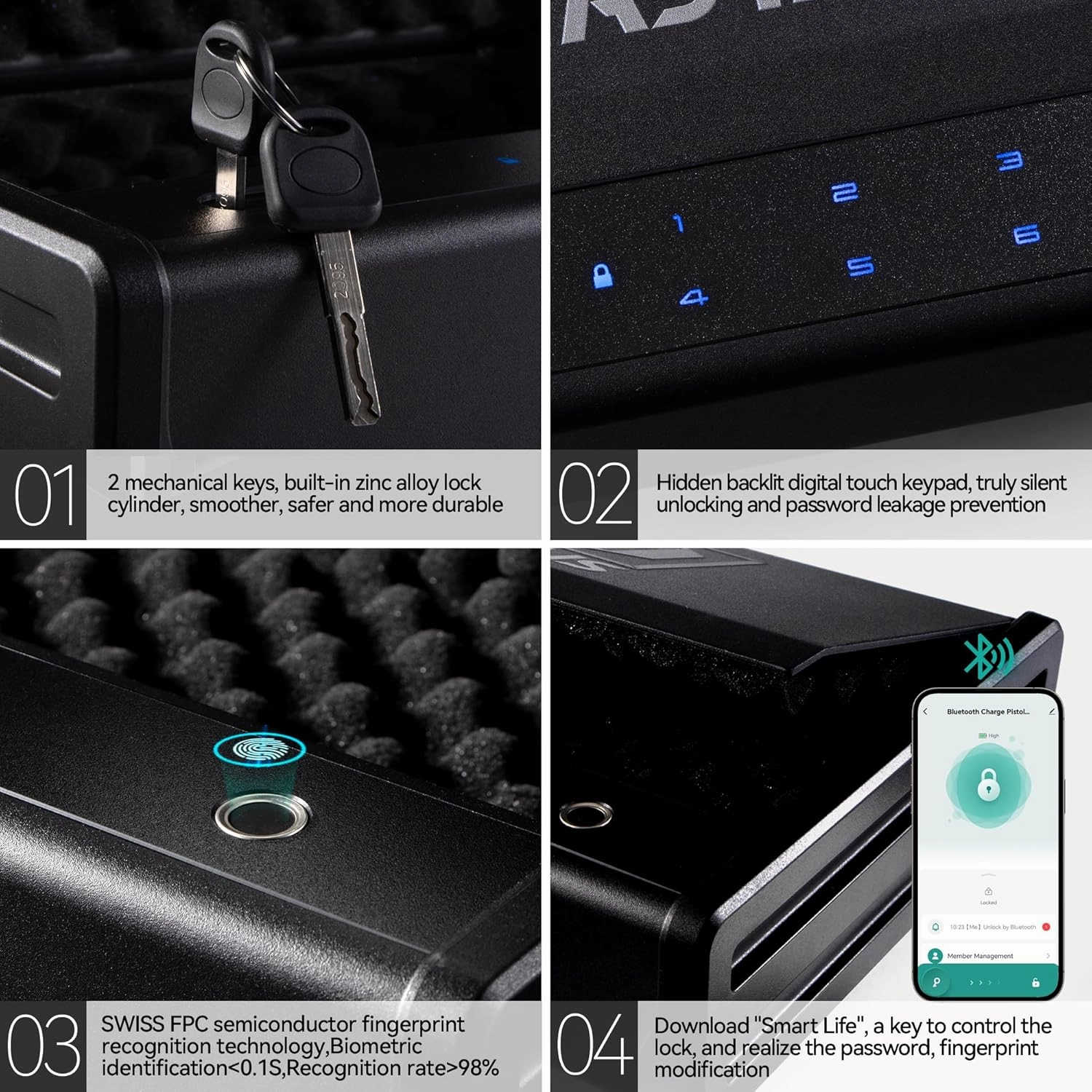Biometric Fingerprint Gun Safe Pistol Safe 4 Ways 0.1S Quick Access, Fingerprint/Passcode/Key/App Unlock, Large Capacity Handgun Safe for 2 Pistols