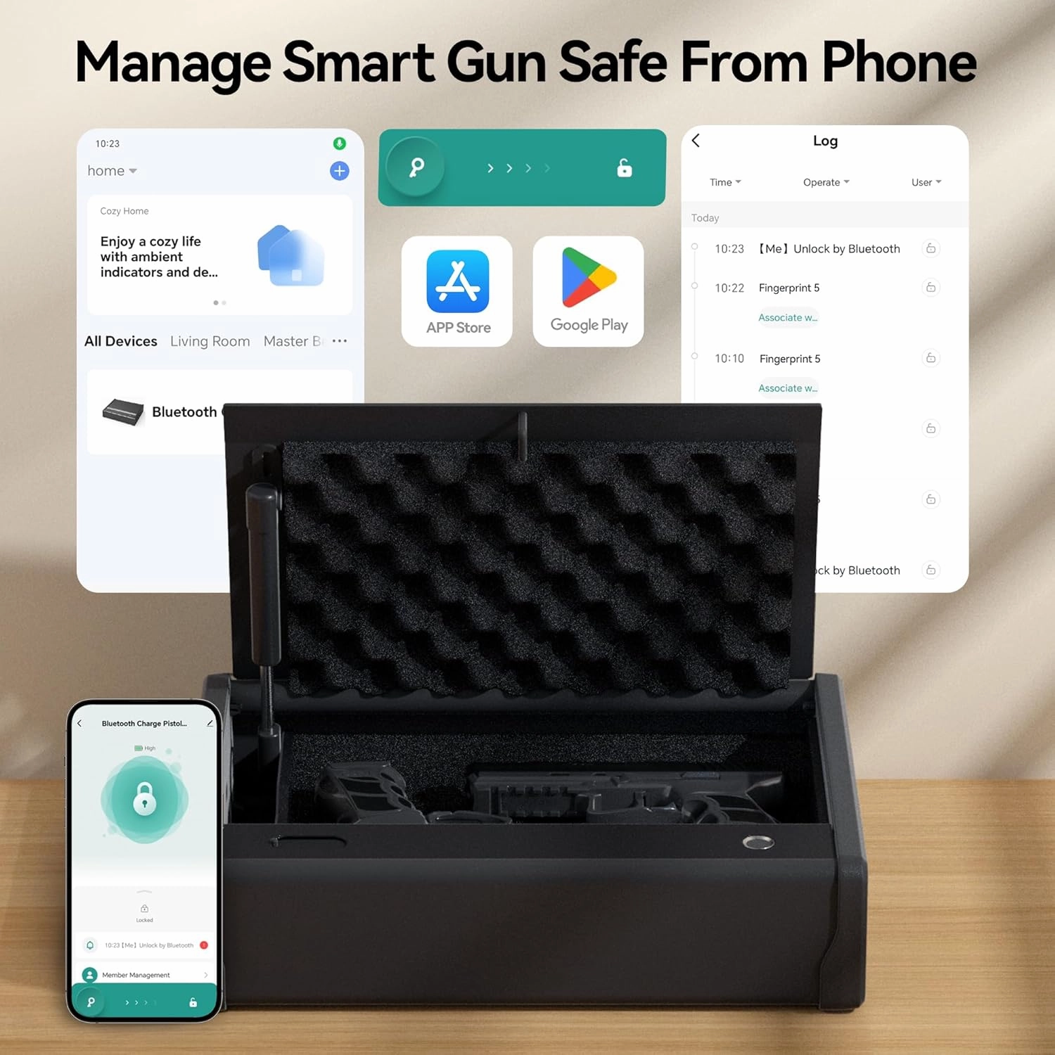 Biometric Fingerprint Gun Safe Pistol Safe 4 Ways 0.1S Quick Access, Fingerprint/Passcode/Key/App Unlock, Large Capacity Handgun Safe for 2 Pistols