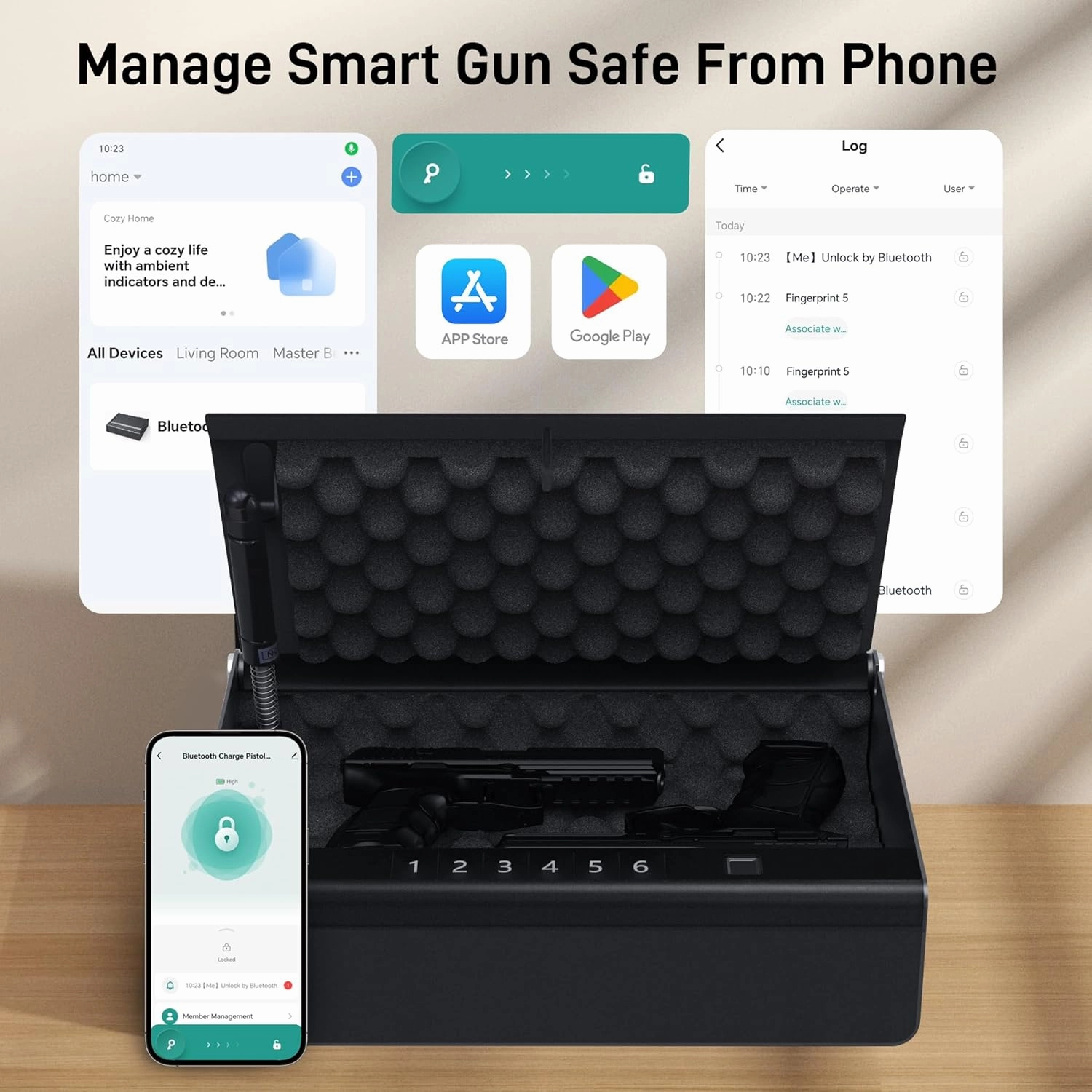 Biometric Fingerprint Gun Safe Pistol Safe 4 Ways 0.1S Quick Access, Fingerprint/Passcode/Key/App Unlock, Large Capacity Handgun Safe for 2 Pistols