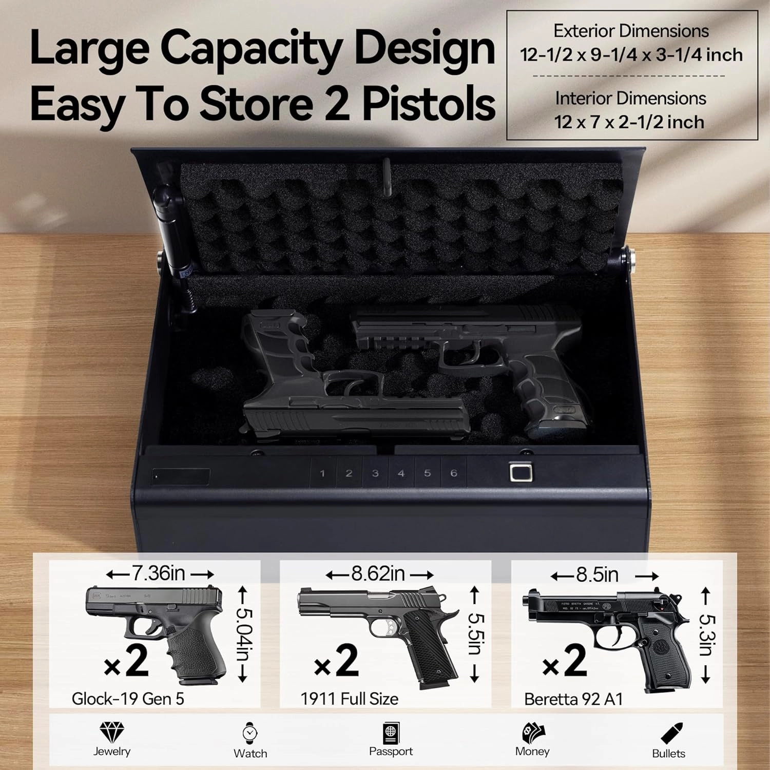 Biometric Fingerprint Gun Safe Pistol Safe 4 Ways 0.1S Quick Access, Fingerprint/Passcode/Key/App Unlock, Large Capacity Handgun Safe for 2 Pistols