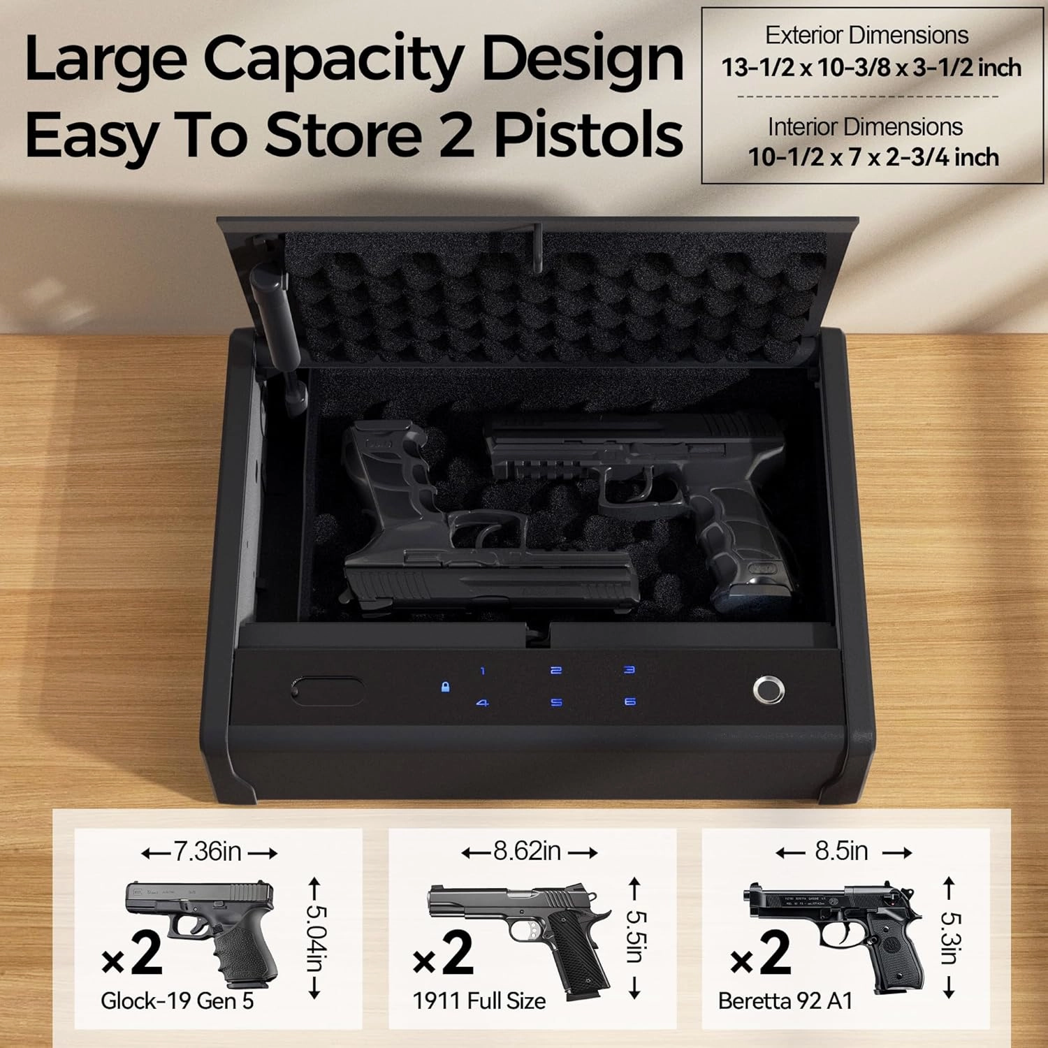 Biometric Fingerprint Gun Safe Pistol Safe 4 Ways 0.1S Quick Access, Fingerprint/Passcode/Key/App Unlock, Large Capacity Handgun Safe for 2 Pistols