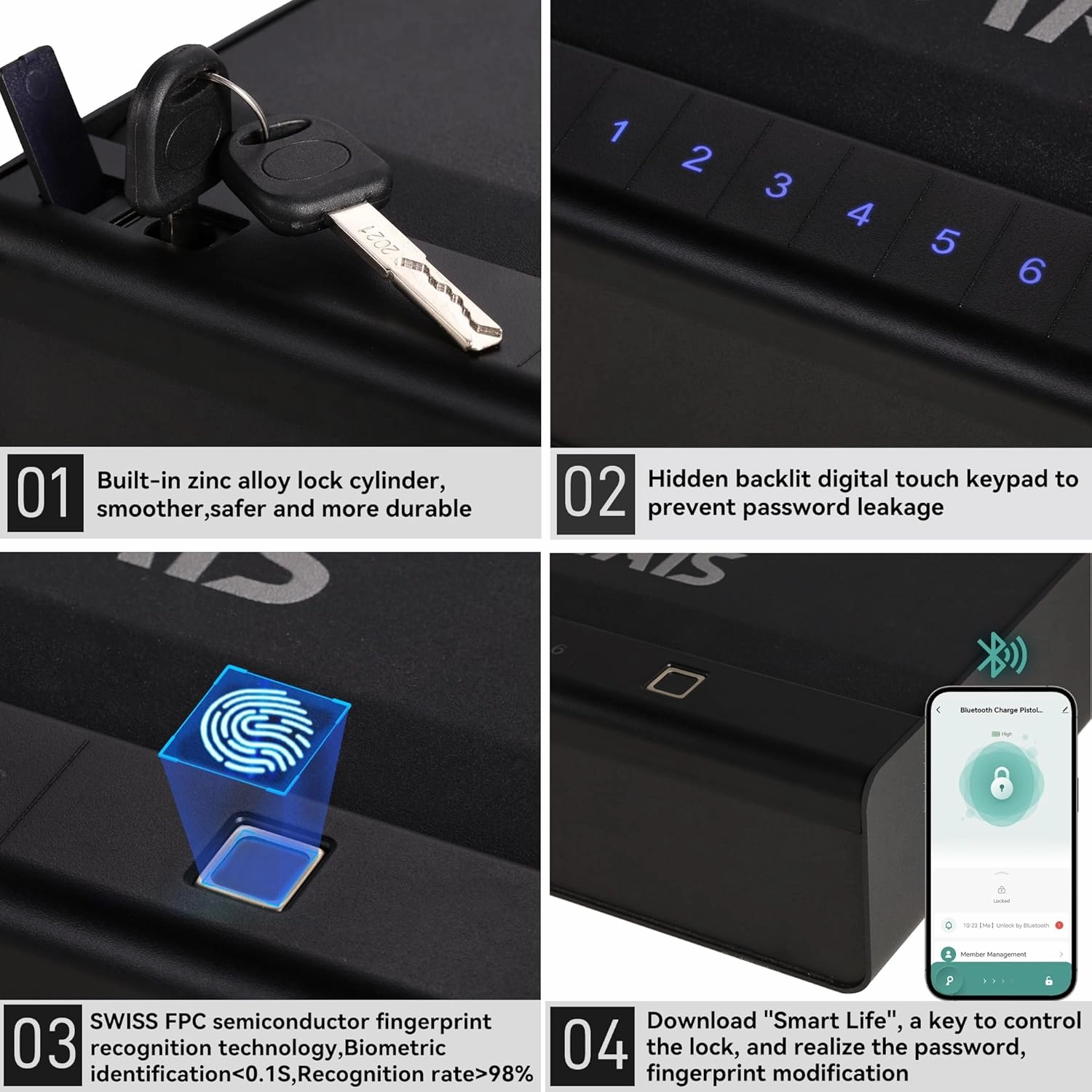 Biometric Fingerprint Gun Safe Pistol Safe 4 Ways 0.1S Quick Access, Fingerprint/Passcode/Key/App Unlock, Large Capacity Handgun Safe for 2 Pistols