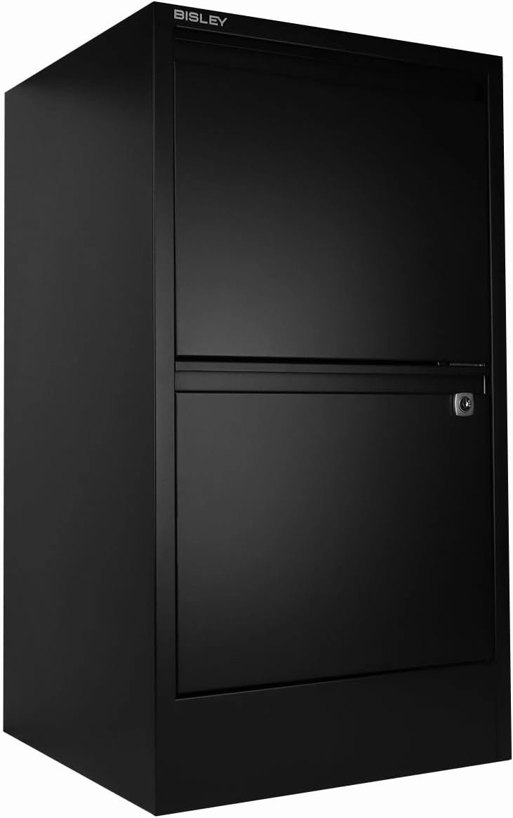 Bisley 2-Drawer Flush Front Vertical File Cabinet - Black, 2 Hanging File Drawers, Powder-Coated Steel, Locking Drawers