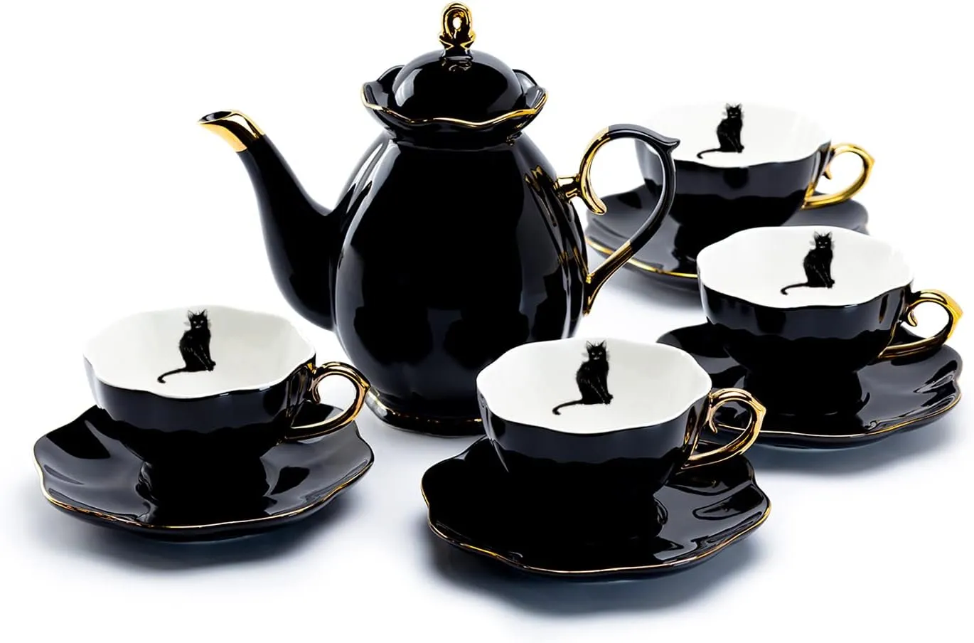 Black Gold Scallop Teapot   4 Black Cat Tea Cup and Saucer Set