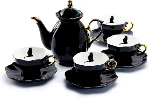 Black Gold Scallop Teapot   4 Black Cat Tea Cup and Saucer Set