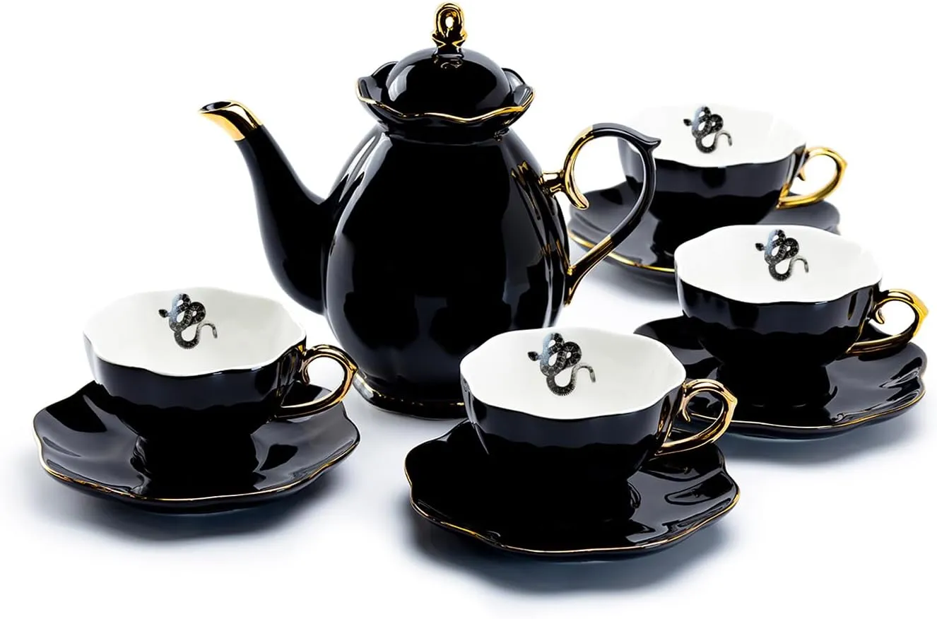 Black Gold Scallop Teapot   4 Snake Tea Cup and Saucer Set