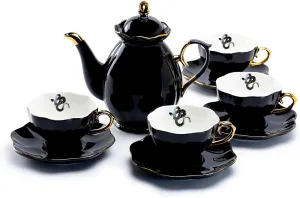 Black Gold Scallop Teapot   4 Snake Tea Cup and Saucer Set