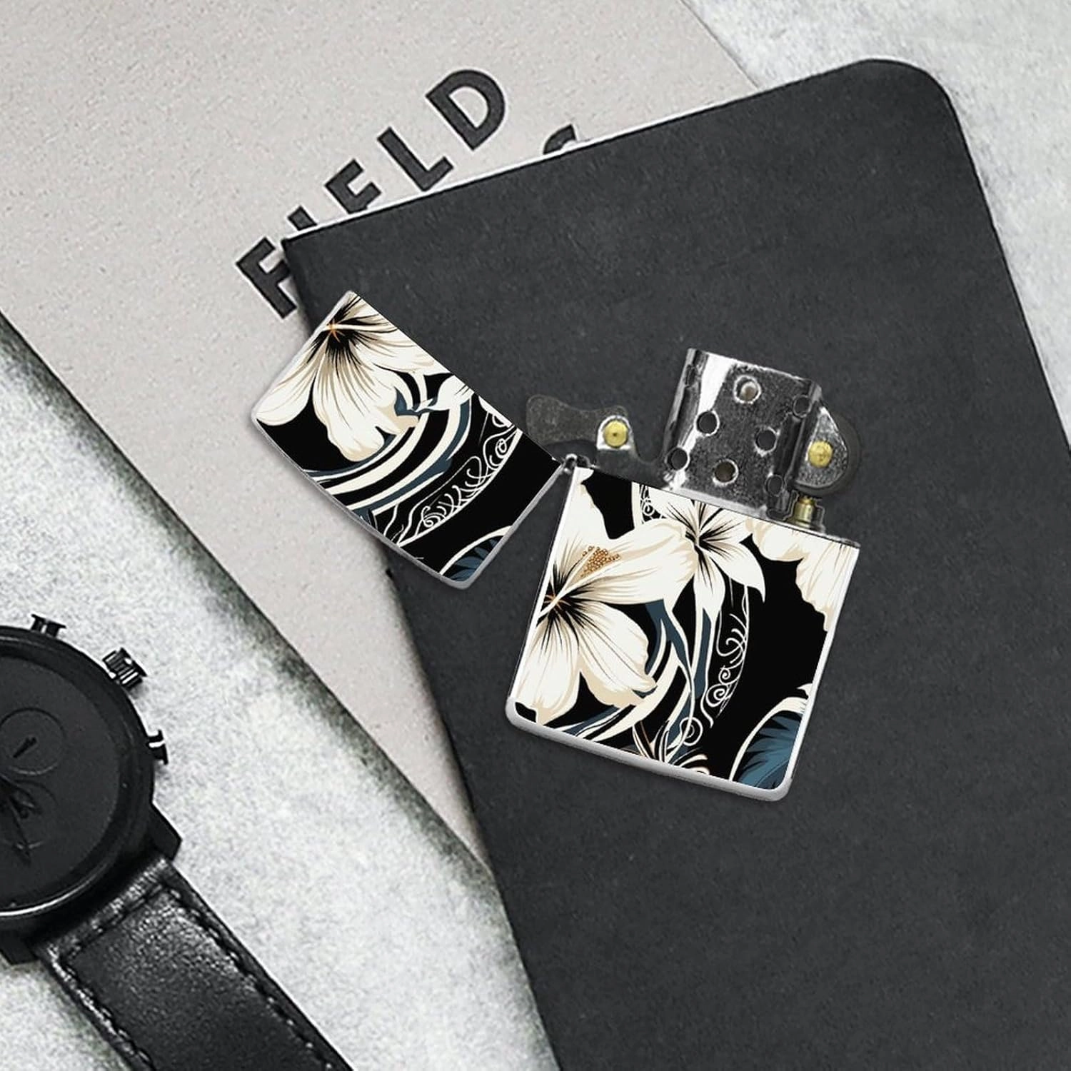 Black and White Hawaiian FlowersLighter Case Waterproof Lighter Sleeve Lighters Protective Cover with Graffiti Design