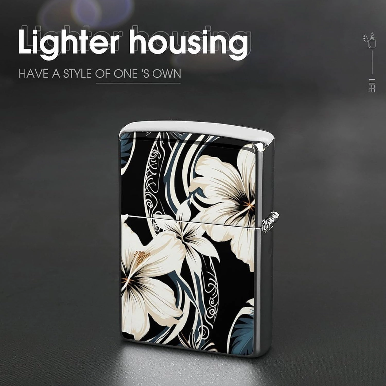 Black and White Hawaiian FlowersLighter Case Waterproof Lighter Sleeve Lighters Protective Cover with Graffiti Design