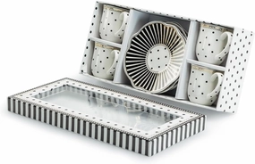 Black Josephine Stripes and Dots 2oz Demitasse Espresso Cup and Saucer Set of 4 with Gift Box