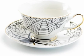 Black Spider White Gold Tea Cup and Saucer with Gold Trim Halloween