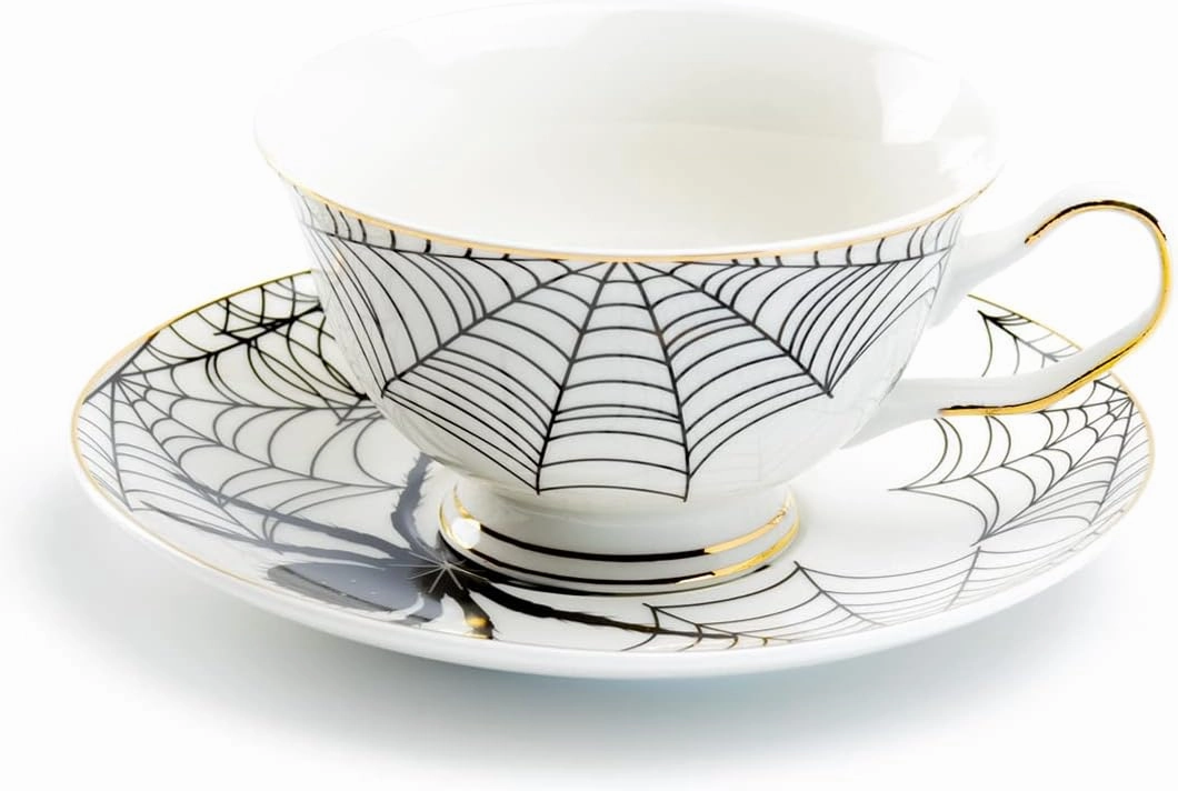 Black Spider White Gold Tea Cup and Saucer with Gold Trim Halloween
