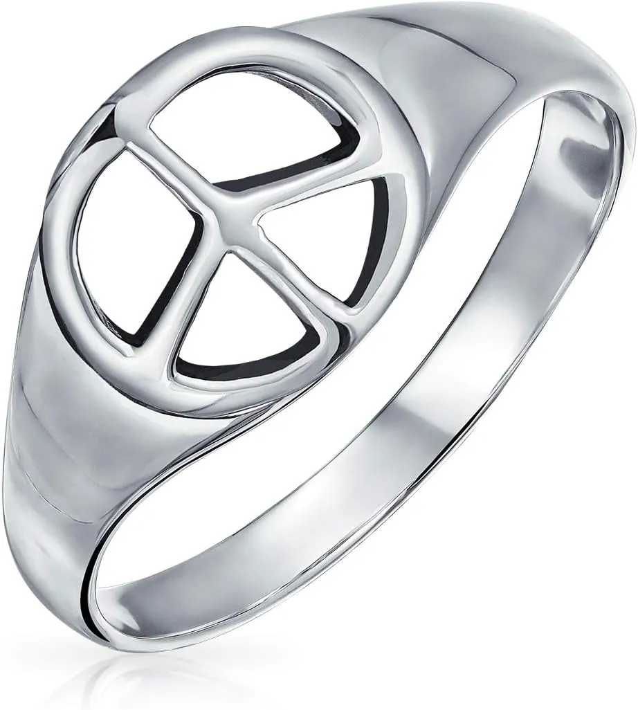 Bling Jewelry Retro Simple Plain .925 Sterling Silver Open Symbol World Peace Sign Ring with Spilt Shank Band For Teen Women's