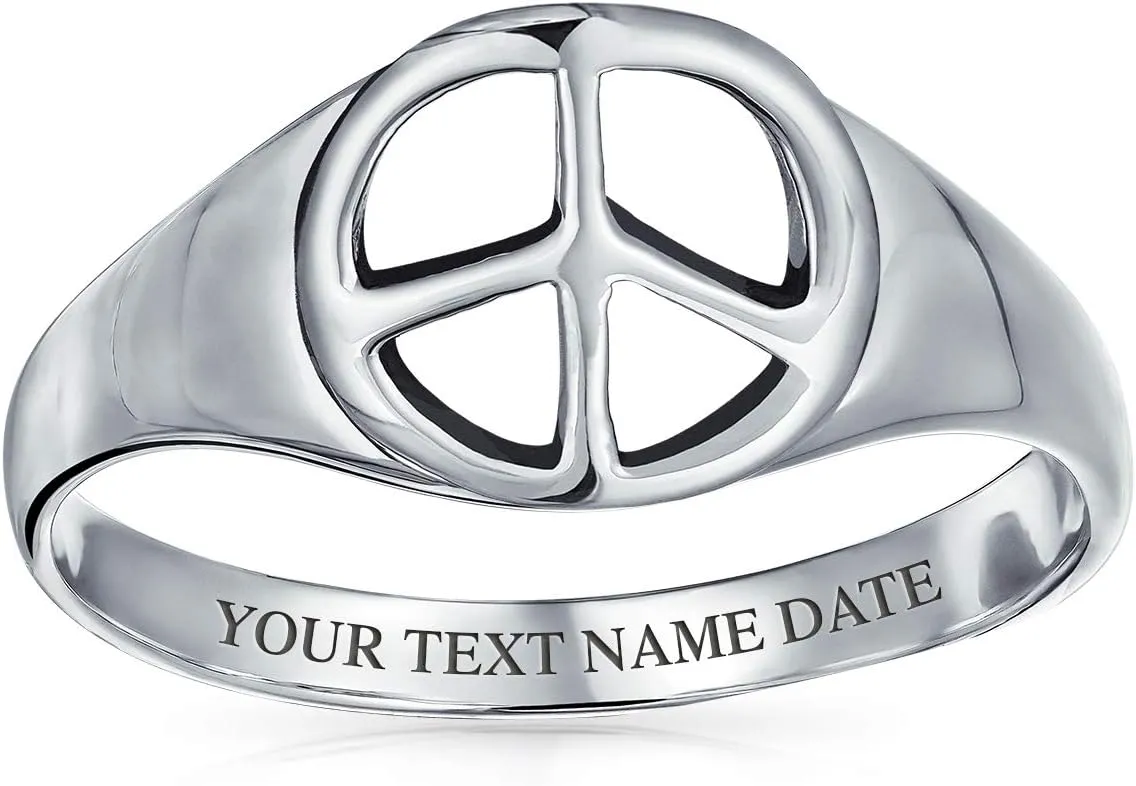 Bling Jewelry Retro Simple Plain .925 Sterling Silver Open Symbol World Peace Sign Ring with Spilt Shank Band For Teen Women's