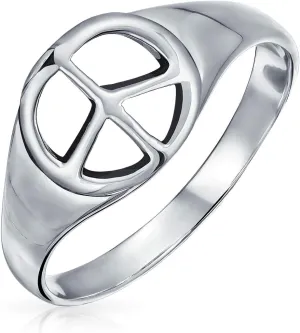 Bling Jewelry Retro Simple Plain .925 Sterling Silver Open Symbol World Peace Sign Ring with Spilt Shank Band For Teen Women's