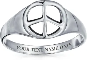 Bling Jewelry Retro Simple Plain .925 Sterling Silver Open Symbol World Peace Sign Ring with Spilt Shank Band For Teen Women's