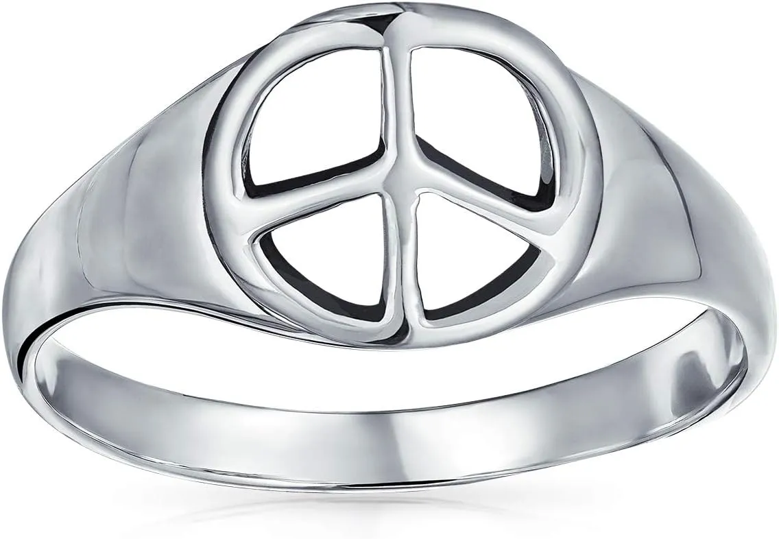 Bling Jewelry Retro Simple Plain .925 Sterling Silver Open Symbol World Peace Sign Ring with Spilt Shank Band For Teen Women's