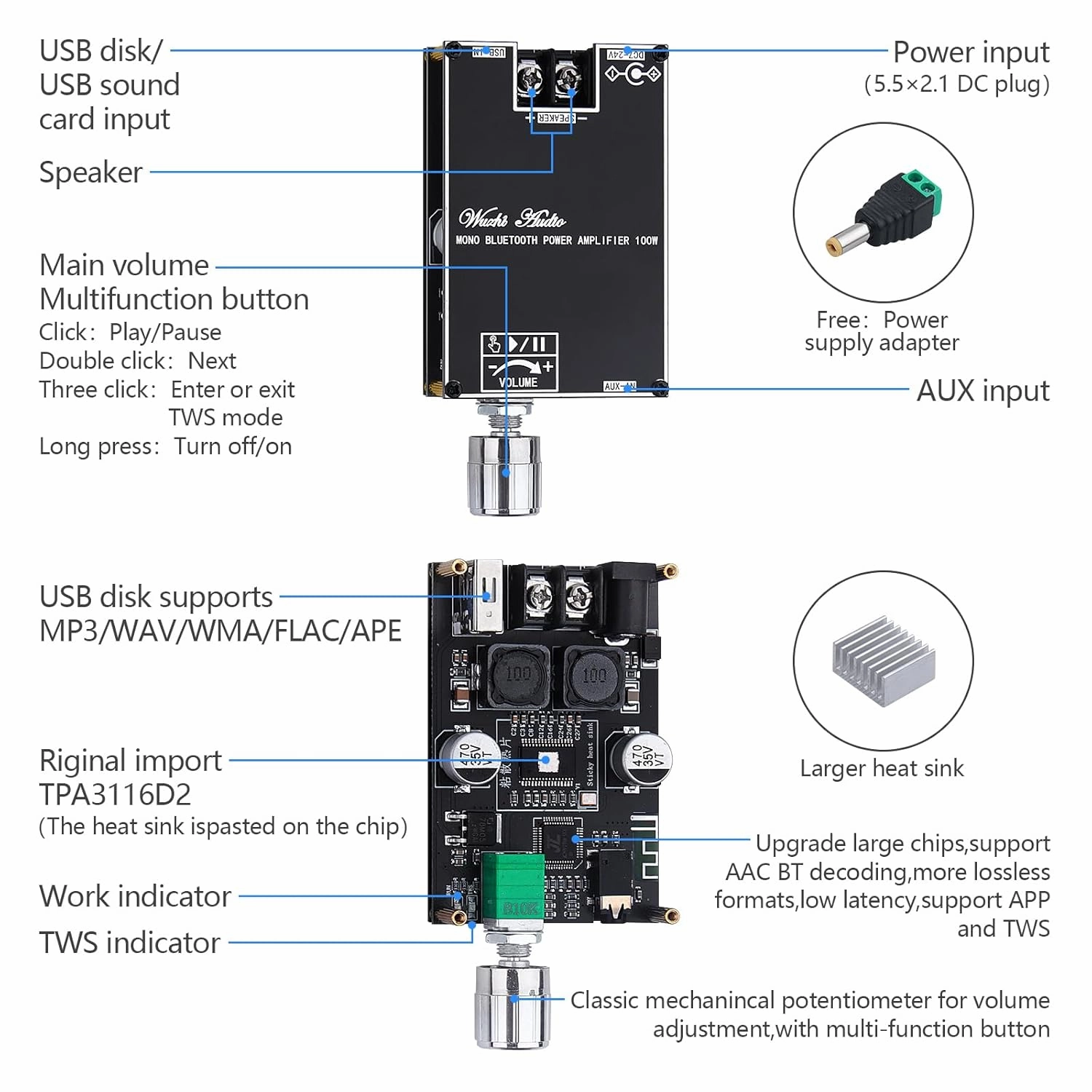 Bluetooth Amplifier Board, 100W Mono AMP TWS Mini Audio Power Amplifier Module with Box Matching Function, Bluetooth/AUX/USB Input, DC 7-24V ZK-1001B DIY Speaker System Kit for Home Car
