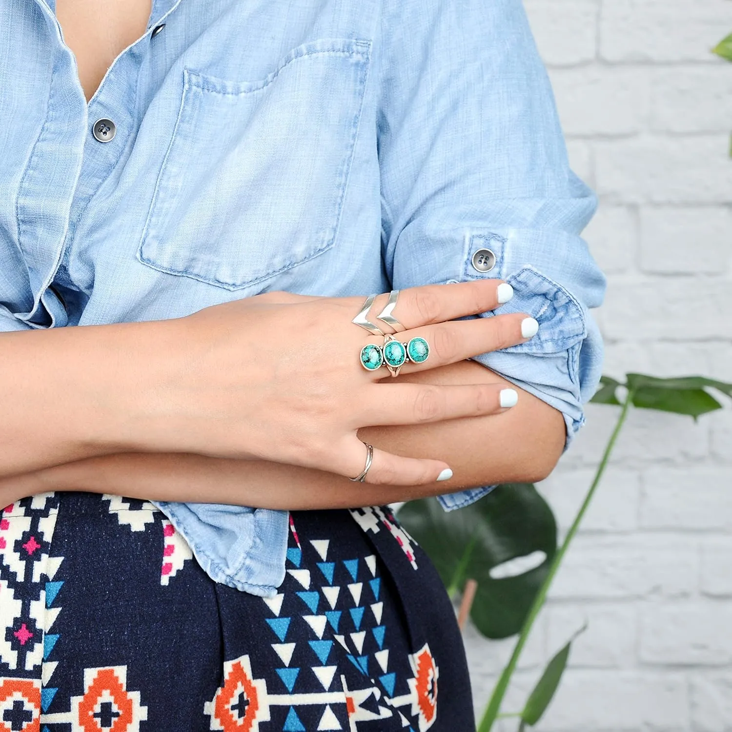 Boho-Magic Sterling Silver Chevron Ring for Women Statement Large Wide Band Full Finger