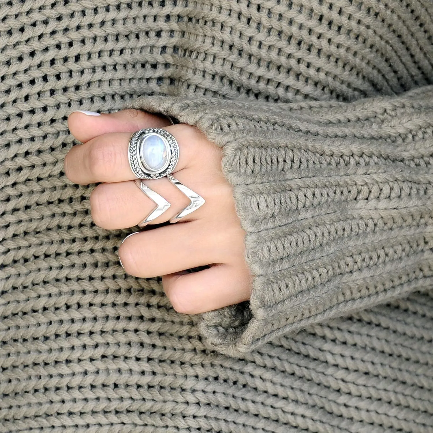 Boho-Magic Sterling Silver Chevron Ring for Women Statement Large Wide Band Full Finger